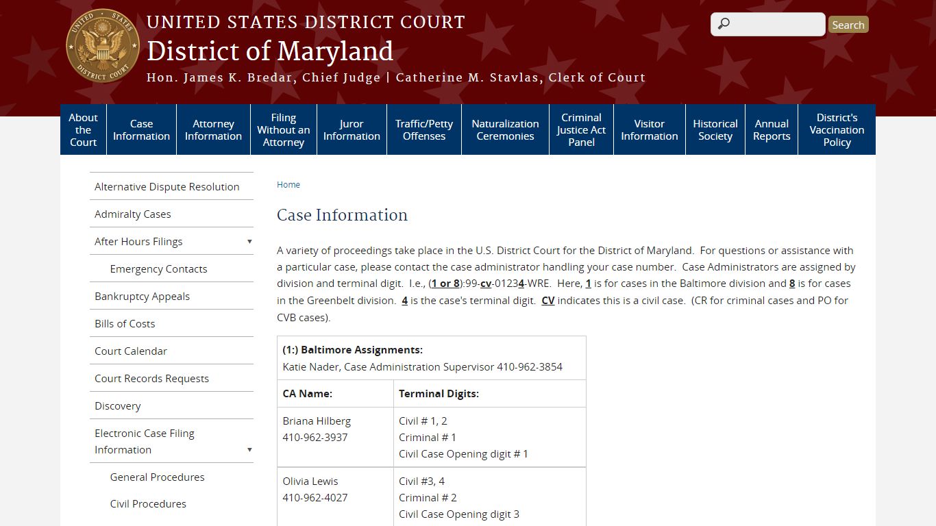 Case Information | District of Maryland - United States Courts